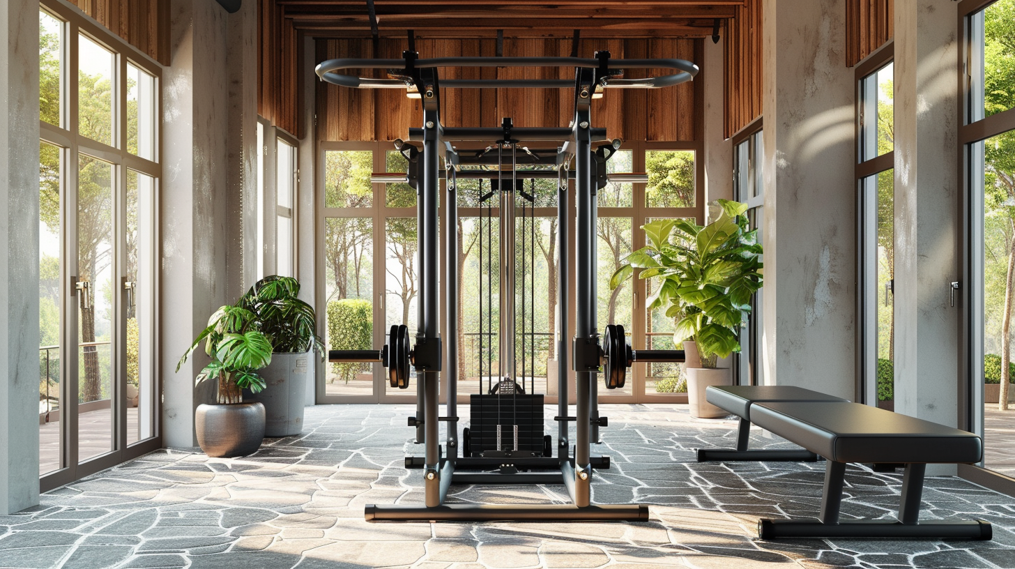 Functional trainer multi-gym with dual adjustable pulleys in a modern home gym.