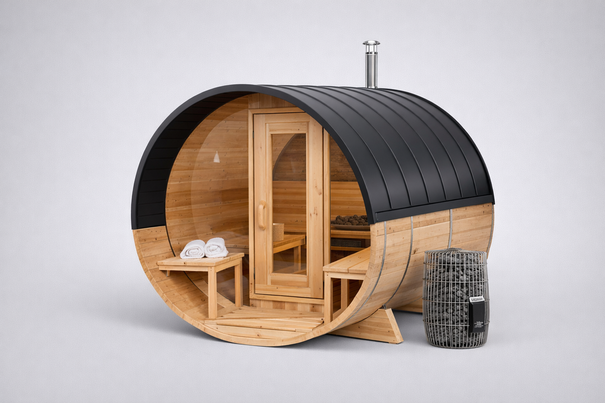 Solid Cedar Serenity Barrel Sauna – Handcrafted Outdoor Wellness
