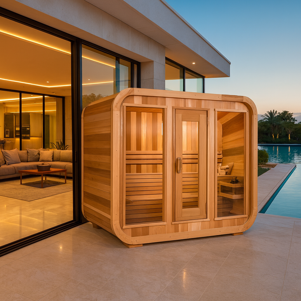 Luxury Outdoor Luna Cedar Sauna: 6-Person Round Barrel Design with Tempered Glass