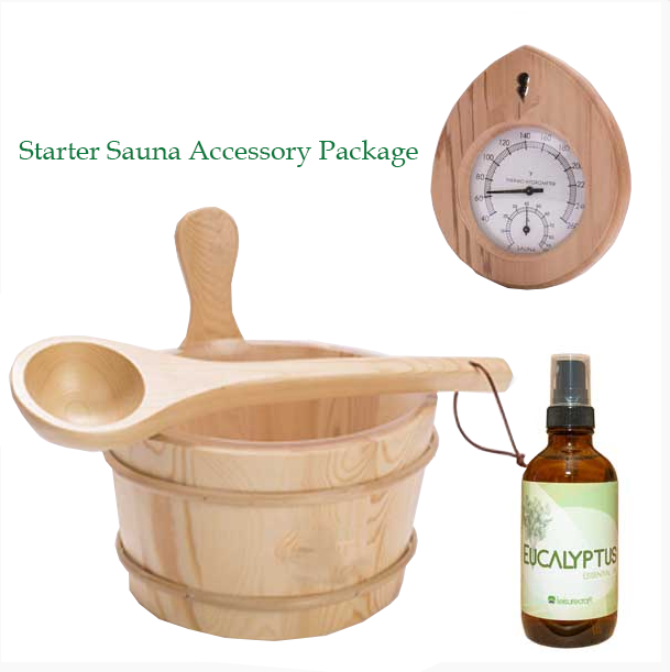 Starter Sauna Accessory Package with Cedar Bucket, Ladle, Thermometer, Timer