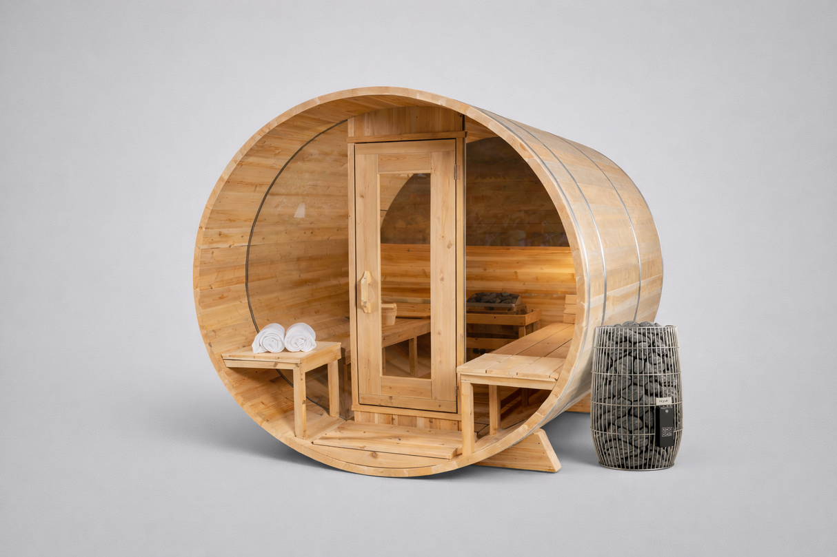 Solid Cedar Serenity Barrel Sauna – Handcrafted Outdoor Wellness