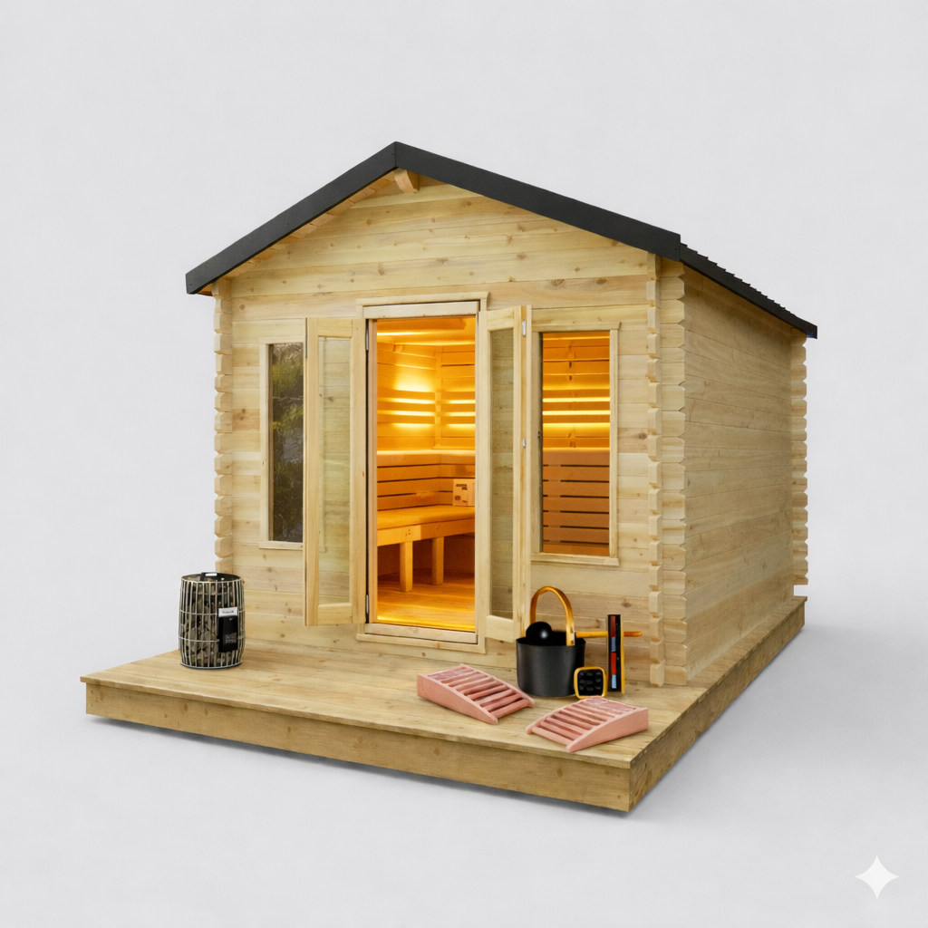 Solid Cedar Georgian Cabin Sauna with Changeroom – Custom Outdoor Spa