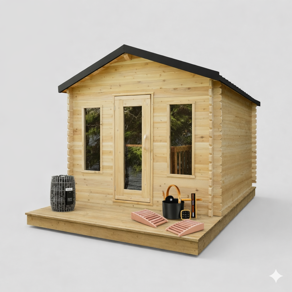 Solid Cedar Georgian Cabin Sauna with Changeroom – Custom Outdoor Spa