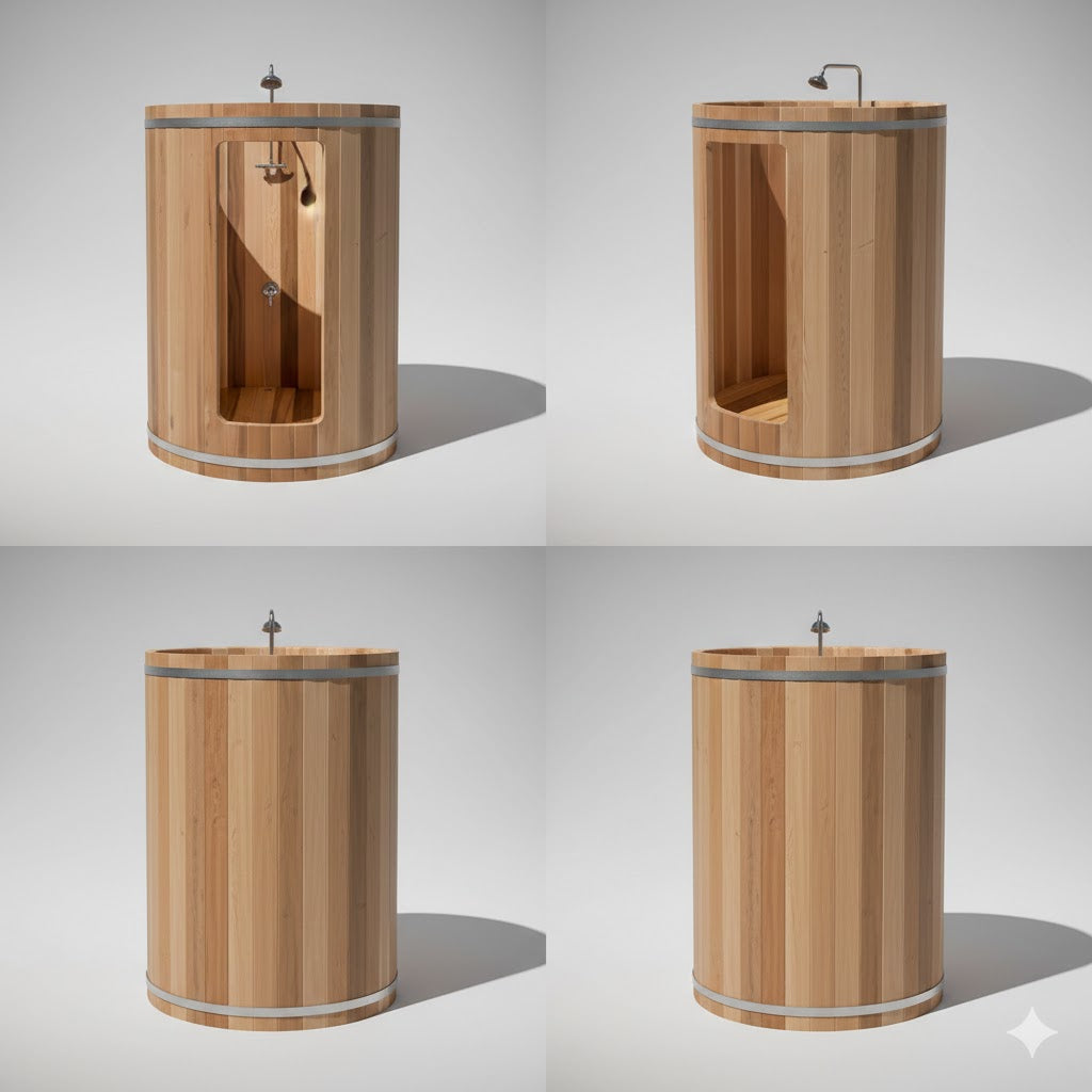 Solid Cedar Barrel Outdoor Shower – Handcrafted Pool & Spa Rinse