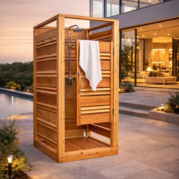 Solid Clear Cedar Outdoor Shower – Handcrafted Spa-Style Rinse Station