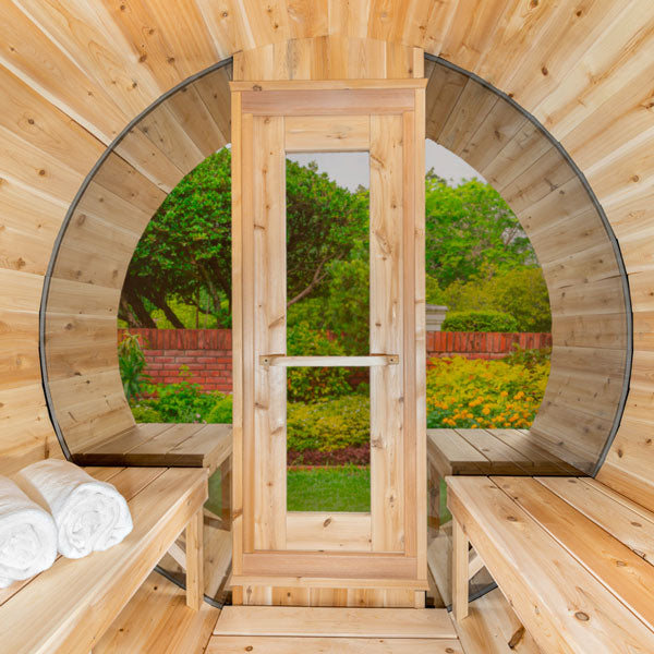 Solid Cedar Serenity Barrel Sauna – Handcrafted Outdoor Wellness