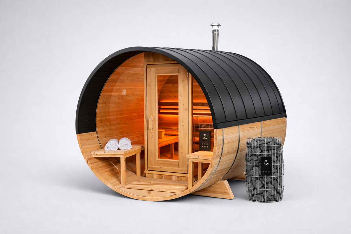 Solid Cedar Serenity Barrel Sauna – Handcrafted Outdoor Wellness