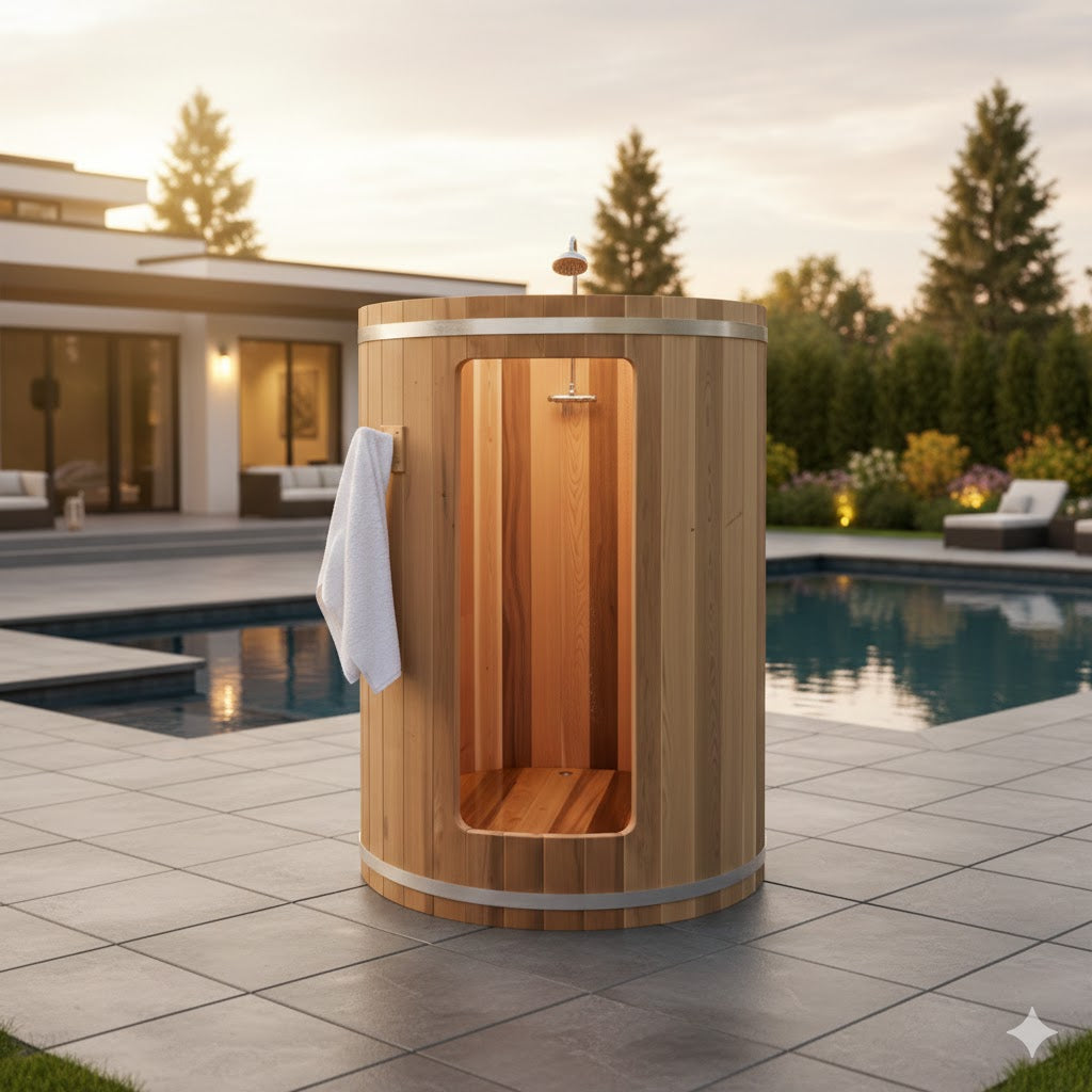Solid Cedar Barrel Outdoor Shower – Handcrafted Pool & Spa Rinse