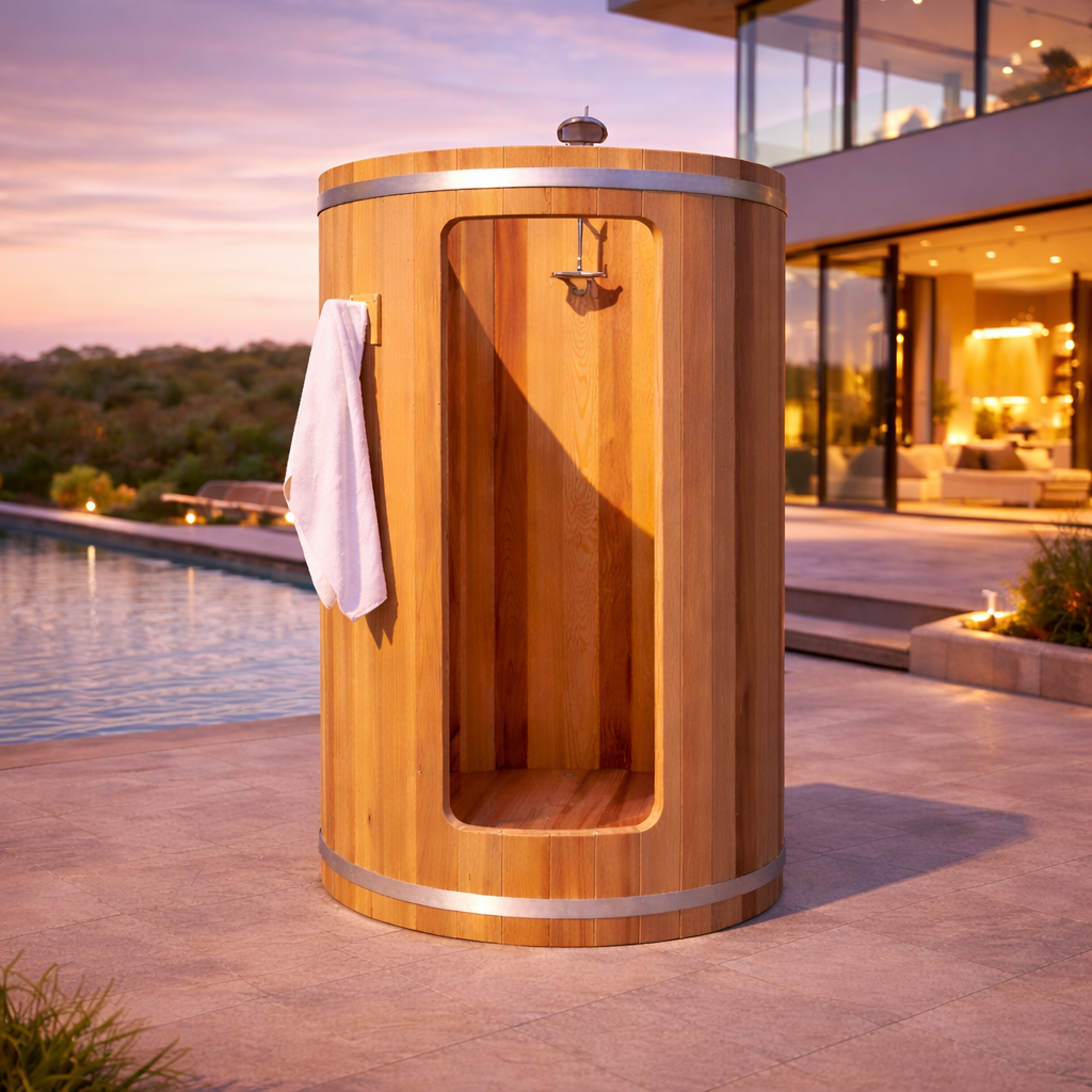 Cedar outdoor shower in a modern high-end setting