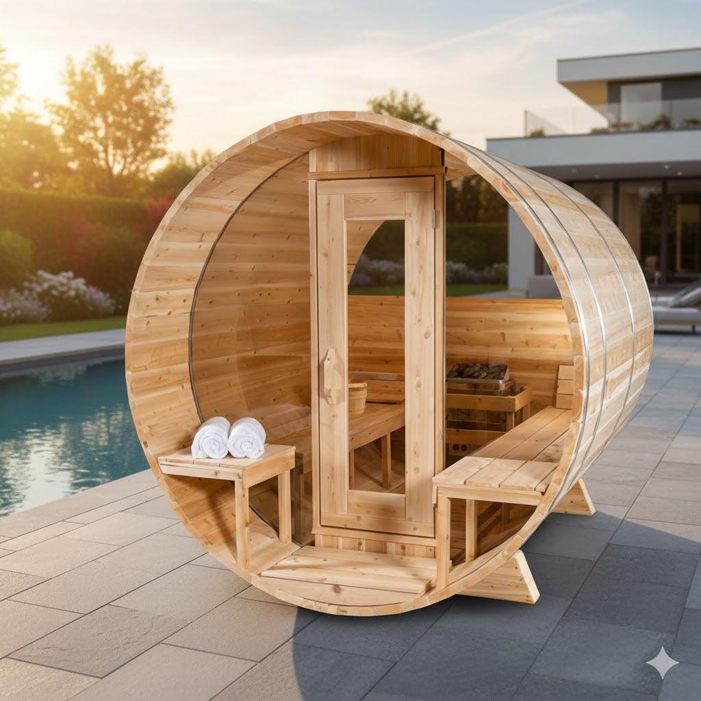 Solid Cedar Serenity Barrel Sauna – Handcrafted Outdoor Wellness